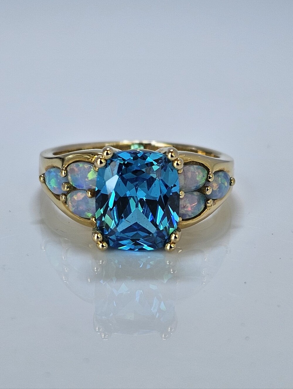 Vintage Blue Topaz & Fire Opal Ring 14K Yellow Gold Vermeil Size 10! - Picture 5 of 6